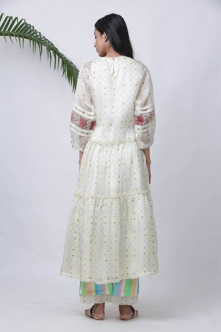 Vrinda By Pundrik Dubey White Organza Round Cotton Polka Dot Dress And Pant Set 2