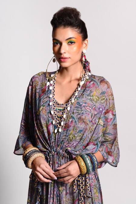 Buy_Rishi and Vibhuti_Grey Georgette Embroidery V Neck Floral Print Kaftan _Online_at_Aza_Fashions