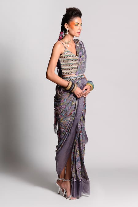 Rishi and Vibhuti_Grey Organza Georgette Printed Pre-draped Saree _Online_at_Aza_Fashions