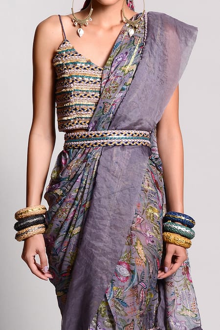 Buy_Rishi and Vibhuti_Grey Organza Georgette Printed Pre-draped Saree _Online_at_Aza_Fashions