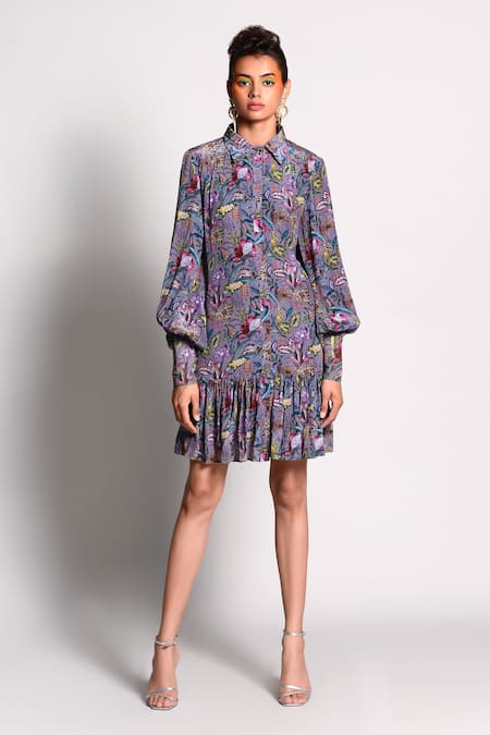 Rishi and Vibhuti_Grey Crepe Round Printed Shirt Dress _Online_at_Aza_Fashions