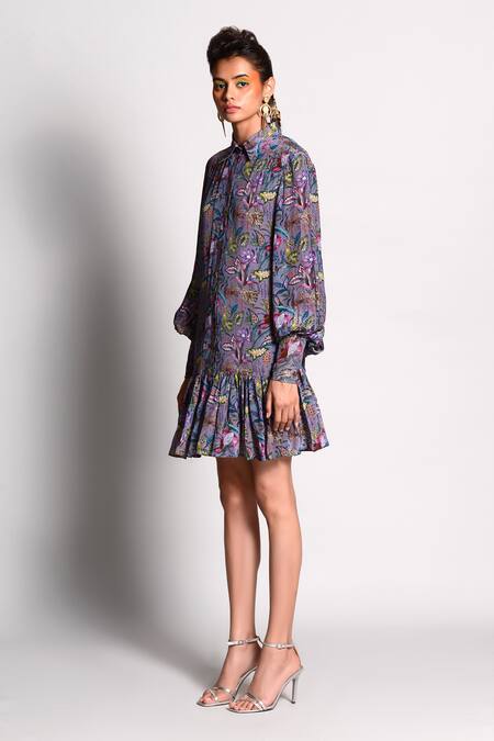 Shop_Rishi and Vibhuti_Grey Crepe Round Printed Shirt Dress _Online_at_Aza_Fashions