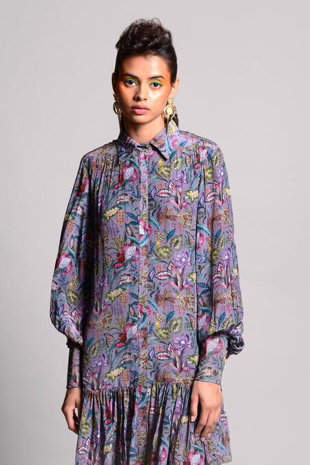 Rishi and Vibhuti_Grey Crepe Round Printed Shirt Dress _at_Aza_Fashions