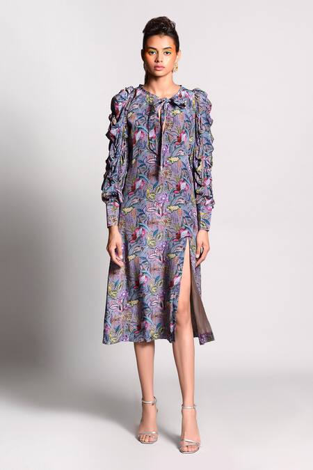 Rishi and Vibhuti_Grey Printed Slit Dress _Online_at_Aza_Fashions