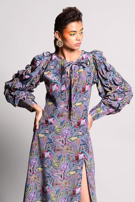 Shop_Rishi and Vibhuti_Grey Printed Slit Dress _Online_at_Aza_Fashions