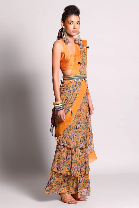 Rishi and Vibhuti_Yellow Organza, Georgette Square Neck Pre-draped Saree With Blouse _Online_at_Aza_Fashions