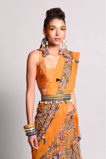 Buy_Rishi and Vibhuti_Yellow Organza, Georgette Square Neck Pre-draped Saree With Blouse _Online_at_Aza_Fashions