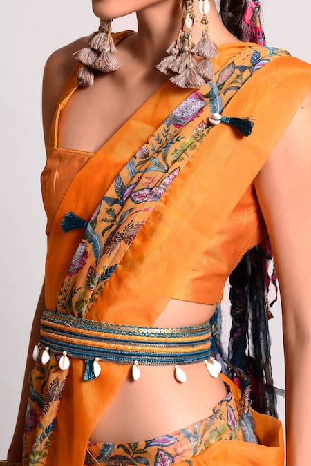 Shop_Rishi and Vibhuti_Yellow Organza, Georgette Square Neck Pre-draped Saree With Blouse _Online_at_Aza_Fashions