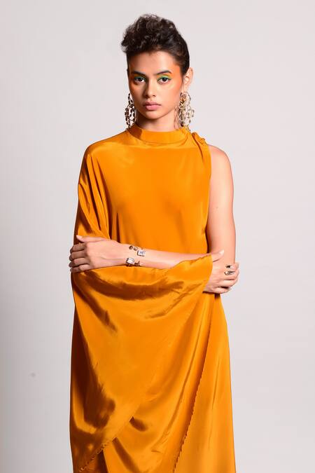 Buy_Rishi and Vibhuti_Yellow Crepe Round One Shoulder Kaftan And Pant Set _Online_at_Aza_Fashions