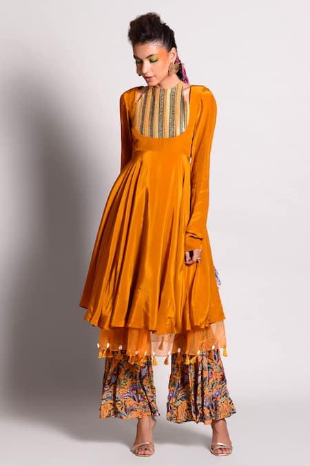 Rishi and Vibhuti Orange Dupion Embroidery Round Layered Anarkali And Pant Set 