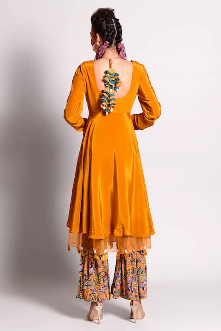 Shop Rishi and Vibhuti Orange Organza, Crepe, Dupion Round Layered Anarkali And Pant Set at Aza Fashions Shop_Rishi and Vibhuti_Orange Organza, Crepe, Dupion Round Layered Anarkali And Pant Set _at_Aza_Fashions