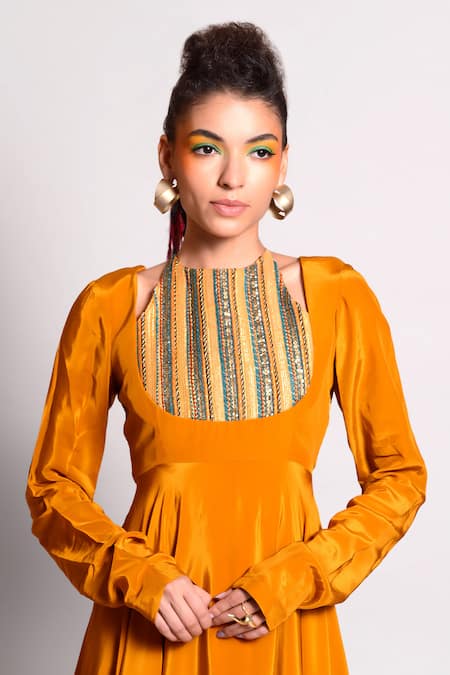 Rishi and Vibhuti Orange Organza, Crepe, Dupion Round Layered Anarkali And Pant Set Online at Aza Fashions Rishi and Vibhuti_Orange Organza, Crepe, Dupion Round Layered Anarkali And Pant Set _Online_at_Aza_Fashions