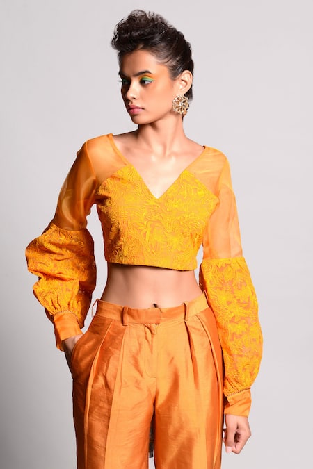 Rishi and Vibhuti Yellow Organza Embroidery V Neck Cropped Blouse 