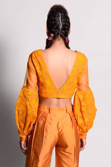 Rishi and Vibhuti Yellow Organza Embroidery V Neck Cropped Blouse  2