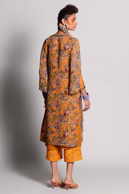 Shop_Rishi and Vibhuti_Orange Crepe, Georgette V Neck Printed Kurta And Pant Set _at_Aza_Fashions