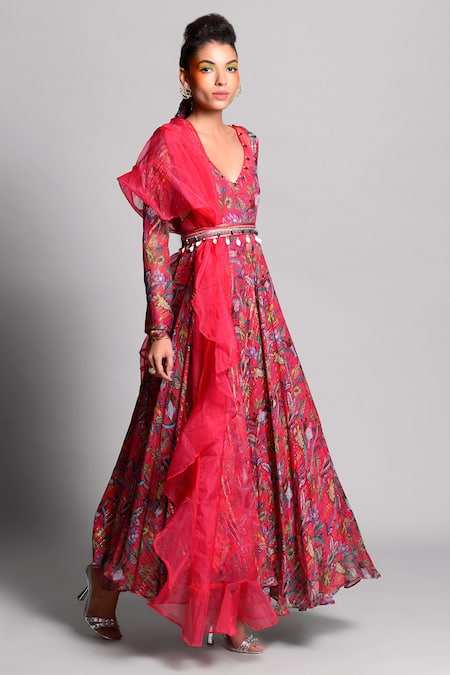 Rishi and Vibhuti_Pink Organza, Georgette V Neck Printed Anarkali With Dupatta_Online_at_Aza_Fashions