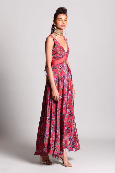 Rishi and Vibhuti_Pink Organza, Crepe V Neck Printed Maxi Dress _Online_at_Aza_Fashions