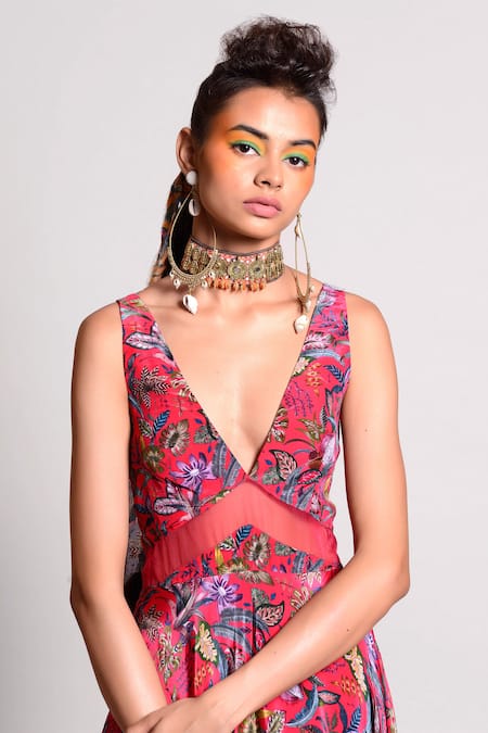 Buy_Rishi and Vibhuti_Pink Organza, Crepe V Neck Printed Maxi Dress _Online_at_Aza_Fashions