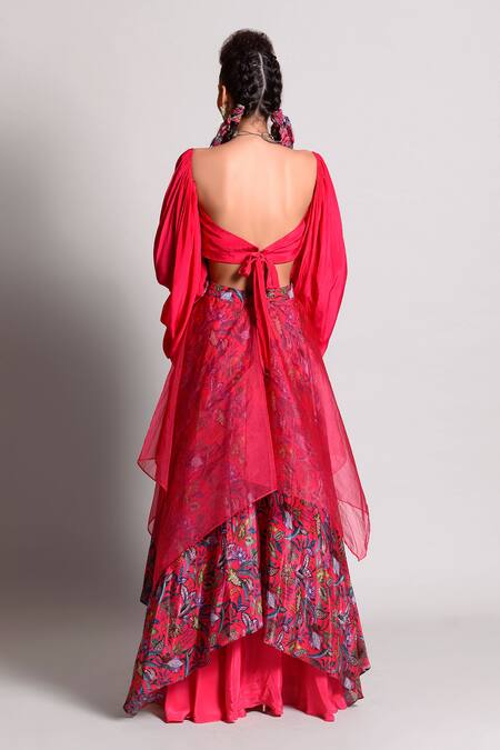 Shop_Rishi And Vibhuti_Pink Organza, Crepe, Dupion Sweetheart Neck Crop Top And Layered Skirt Set _at_Aza_Fashions