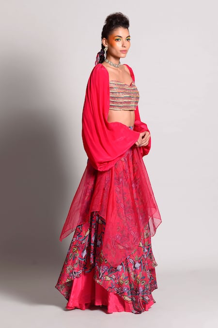 Rishi And Vibhuti_Pink Organza, Crepe, Dupion Sweetheart Neck Crop Top And Layered Skirt Set _Online_at_Aza_Fashions