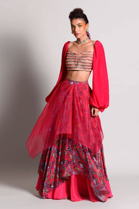 Buy_Rishi And Vibhuti_Pink Organza, Crepe, Dupion Sweetheart Neck Crop Top And Layered Skirt Set _Online_at_Aza_Fashions