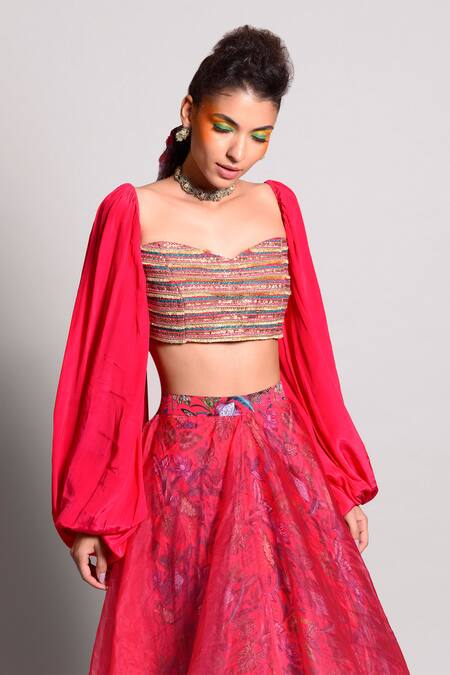 Shop_Rishi And Vibhuti_Pink Organza, Crepe, Dupion Sweetheart Neck Crop Top And Layered Skirt Set _Online_at_Aza_Fashions