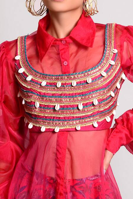 Shop_Rishi and Vibhuti_Pink Dupion Embroidery U Neck Crop Top _at_Aza_Fashions