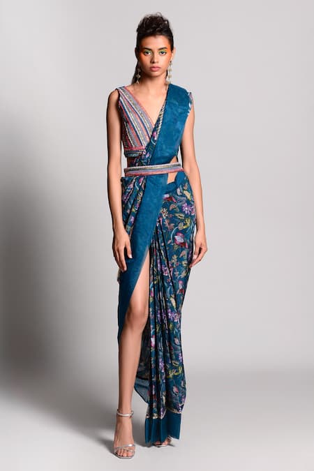 Rishi and Vibhuti Floral Print Pre-Draped Saree 