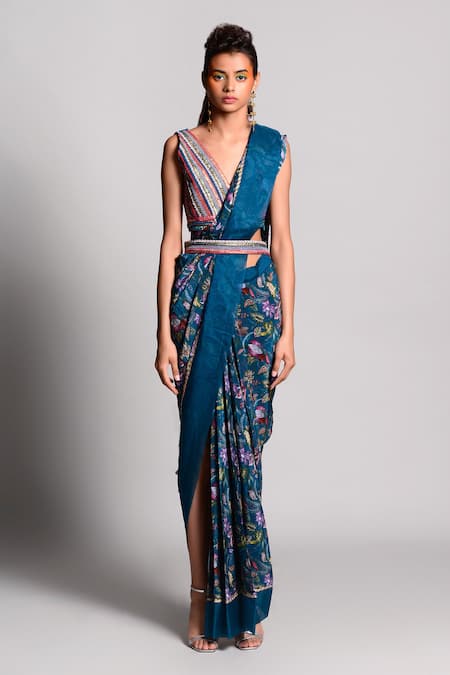 Rishi and Vibhuti Blue Crepe Floral Print Pre-draped Saree Online at Aza Fashions Rishi and Vibhuti_Blue Crepe Floral Print Pre-draped Saree _Online_at_Aza_Fashions