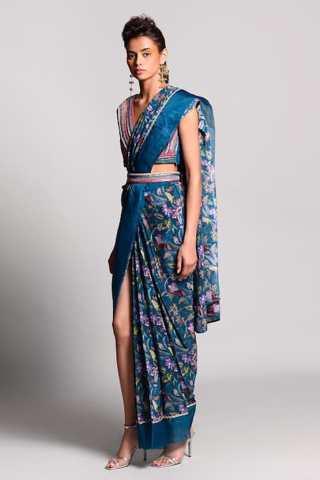 Buy Rishi and Vibhuti Blue Crepe Floral Print Pre-draped Saree Online at Aza Fashions Buy_Rishi and Vibhuti_Blue Crepe Floral Print Pre-draped Saree _Online_at_Aza_Fashions