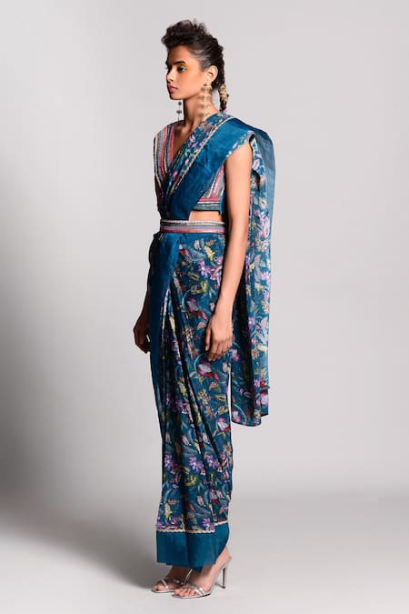 Shop Rishi and Vibhuti Blue Crepe Floral Print Pre-draped Saree Online at Aza Fashions Shop_Rishi and Vibhuti_Blue Crepe Floral Print Pre-draped Saree _Online_at_Aza_Fashions