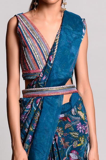 Rishi and Vibhuti Blue Crepe Floral Print Pre-draped Saree at Aza Fashions Rishi and Vibhuti_Blue Crepe Floral Print Pre-draped Saree _at_Aza_Fashions