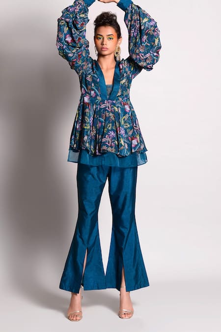 Buy_Rishi and Vibhuti_Blue Crepe, Dupion V Neck Peplum Top And Pant Set _Online_at_Aza_Fashions
