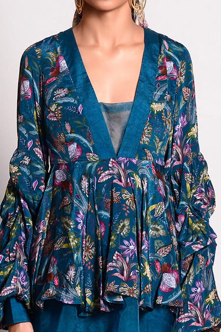 Shop_Rishi and Vibhuti_Blue Crepe, Dupion V Neck Peplum Top And Pant Set _Online_at_Aza_Fashions