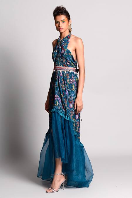 Rishi and Vibhuti_Blue Crepe Embroidery Halter Printed Wrap Sarong _Online_at_Aza_Fashions