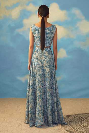 Rishi And Vibhuti_Blue Crepe And Organza Floral Print & Cutdana V Neck Lehenga Set _Online_at_Aza_Fashions