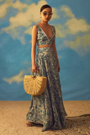 Buy_Rishi And Vibhuti_Blue Crepe And Organza Floral Print & Cutdana V Neck Lehenga Set _Online_at_Aza_Fashions