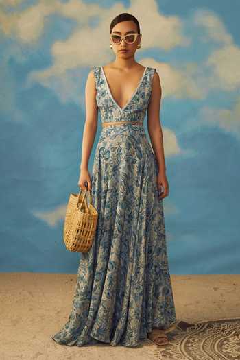 Shop_Rishi And Vibhuti_Blue Crepe And Organza Floral Print & Cutdana V Neck Lehenga Set _Online_at_Aza_Fashions