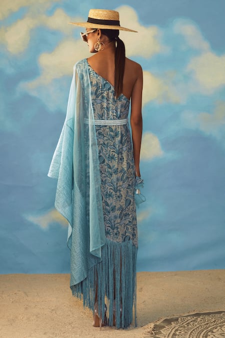 Shop_Rishi and Vibhuti_Blue Crepe And Organza Floral One Shoulder Tunic _at_Aza_Fashions