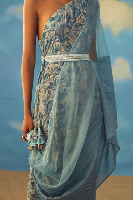 Buy_Rishi and Vibhuti_Blue Crepe And Organza Floral One Shoulder Tunic _Online_at_Aza_Fashions
