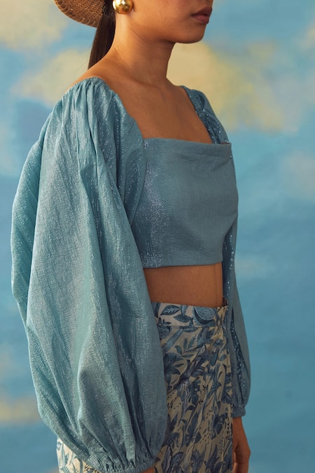 Buy_Rishi and Vibhuti_Blue Crepe And Cotton Lurex Floral Print Square Puff Sleeves Crop Top & Skirt Set_Online_at_Aza_Fashions