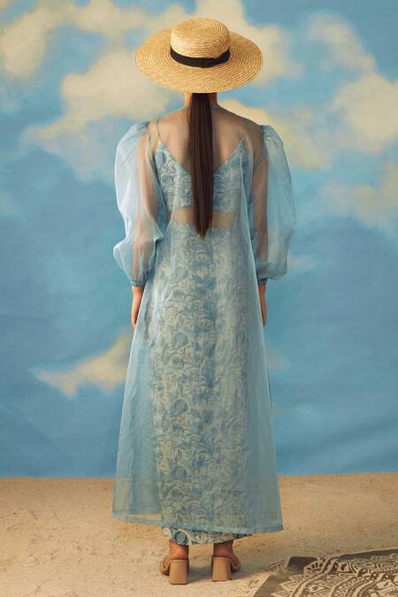 Shop_Rishi and Vibhuti_Blue Crepe And Organza Floral Print & Cutdana V Neck Puff Sleeves Cape & Skirt Set _at_Aza_Fashions