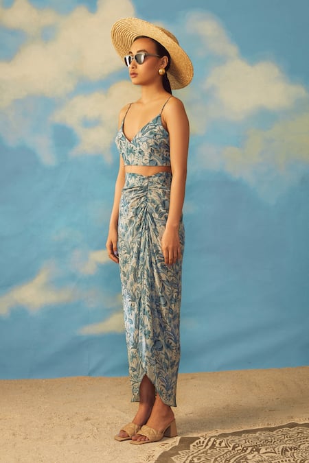 Rishi and Vibhuti_Blue Crepe Floral Print V Neck Crop Top And Skirt Set_Online_at_Aza_Fashions