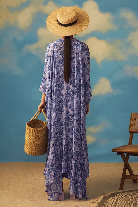 Shop_Rishi And Vibhuti_Purple Crepe, Cotton Lurex Tropical V Neck Print Jacket Pant Set _at_Aza_Fashions
