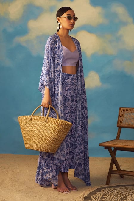 Rishi And Vibhuti_Purple Crepe, Cotton Lurex Tropical V Neck Print Jacket Pant Set _Online_at_Aza_Fashions
