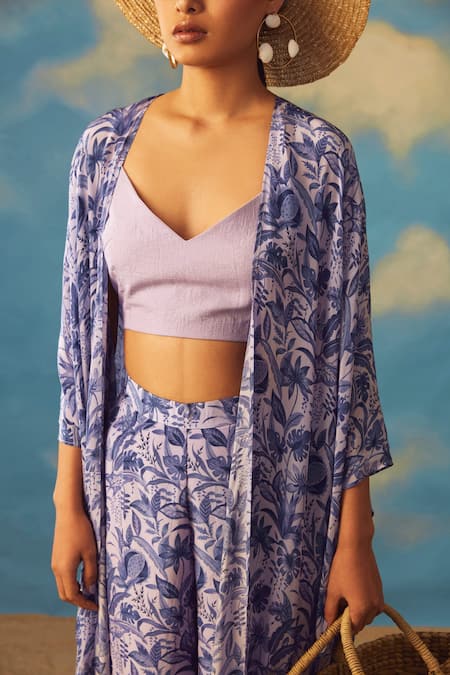 Buy_Rishi And Vibhuti_Purple Crepe, Cotton Lurex Tropical V Neck Print Jacket Pant Set _Online_at_Aza_Fashions