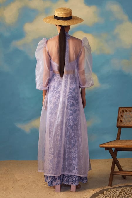 Shop Rishi and Vibhuti Purple Organza, Crepe, Cotton Lurex Puff Sleeve Jacket Printed Gharara Set at Aza Fashions Shop_Rishi and Vibhuti_Purple Organza, Crepe, Cotton Lurex Puff Sleeve Jacket Printed Gharara Set_at_Aza_Fashions