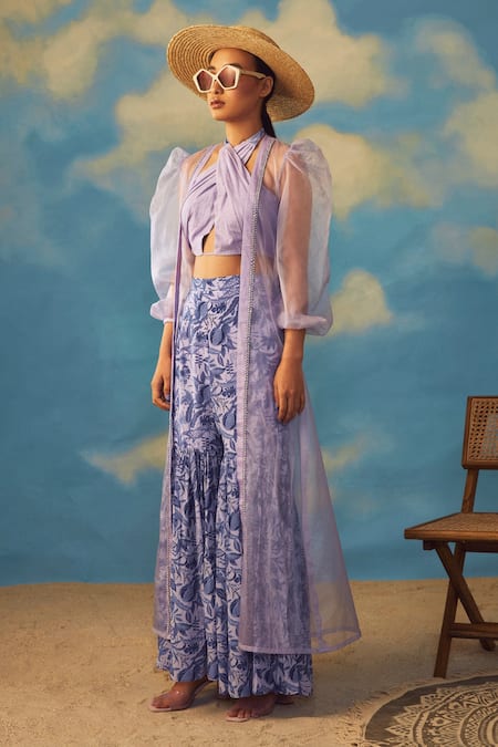 Rishi and Vibhuti Purple Organza, Crepe, Cotton Lurex Puff Sleeve Jacket Printed Gharara Set Online at Aza Fashions Rishi and Vibhuti_Purple Organza, Crepe, Cotton Lurex Puff Sleeve Jacket Printed Gharara Set_Online_at_Aza_Fashions