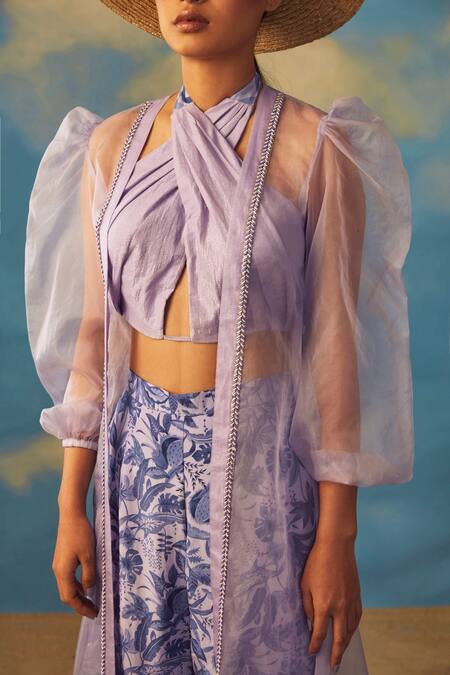 Buy Rishi and Vibhuti Purple Organza, Crepe, Cotton Lurex Puff Sleeve Jacket Printed Gharara Set Online at Aza Fashions Buy_Rishi and Vibhuti_Purple Organza, Crepe, Cotton Lurex Puff Sleeve Jacket Printed Gharara Set_Online_at_Aza_Fashions