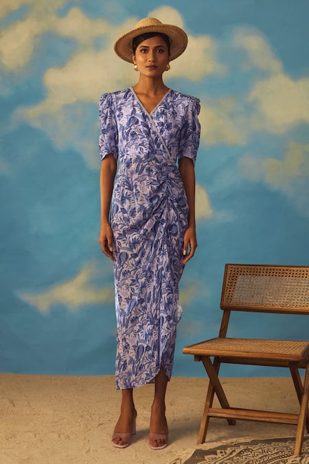 Rishi and Vibhuti Tropical Print Draped Dress 